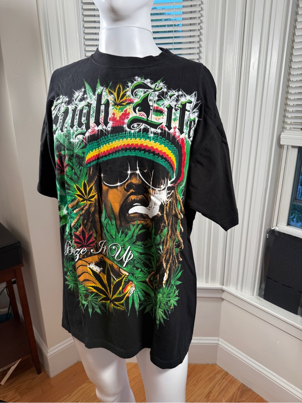 🌿 Galaxy High Life Rasta 420 Graphic Tee Large Y2K Reggae Black 🔥